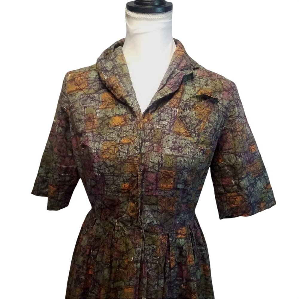Vintage 1950s Abstract Pollock Print Day Dress, Atomic MCM Midcentury Shirtwaist - Picture 7 of 11